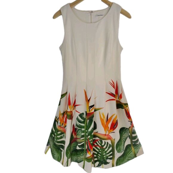 Calvin Klein Bird Of Paradise Dress White Orange Green Fit & Flare Stretch Sm - Picture 4 of 14